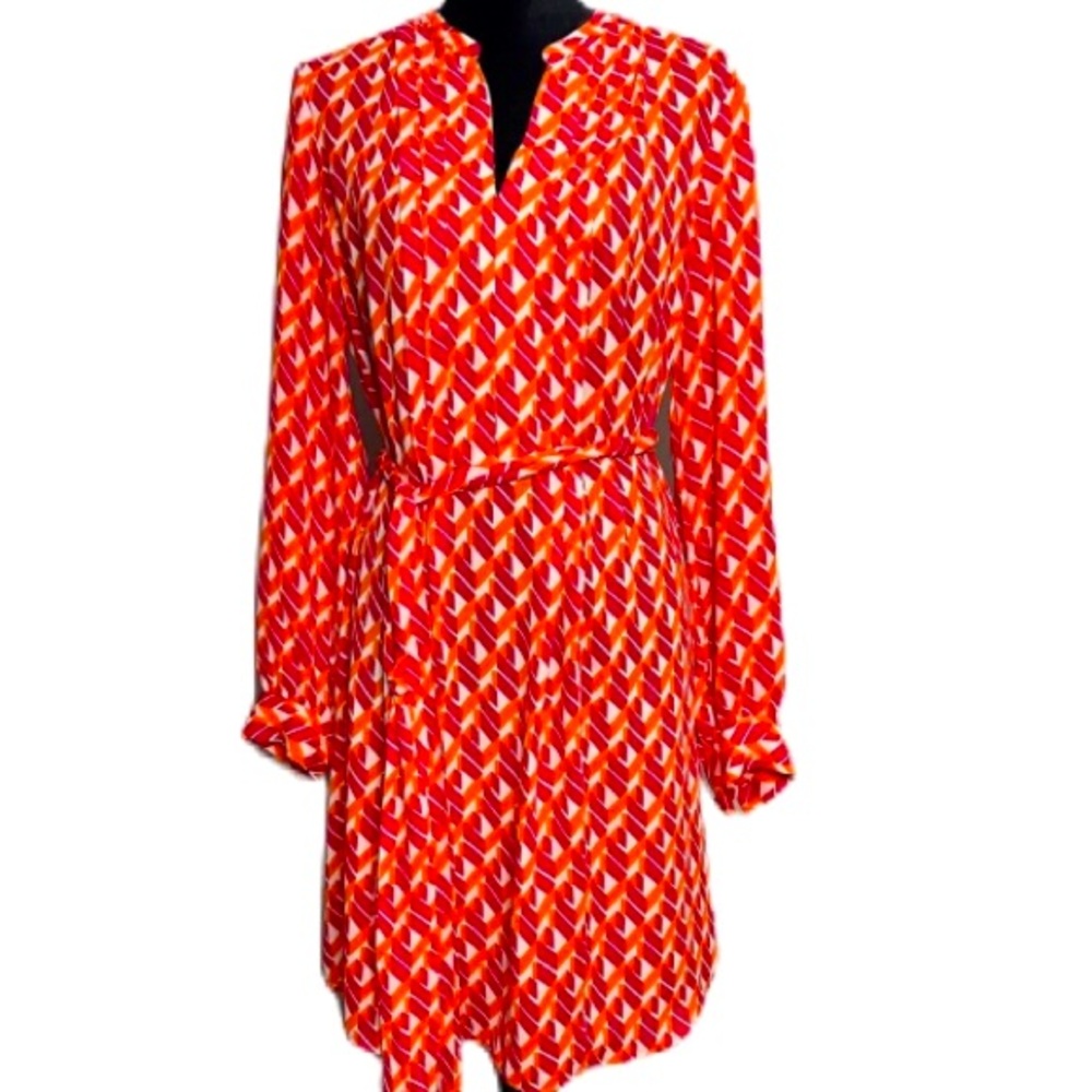 New Banana Republic Geometric Print Belt Front Pleated Dress OrangeMulti Size10 - Picture 15 of 15